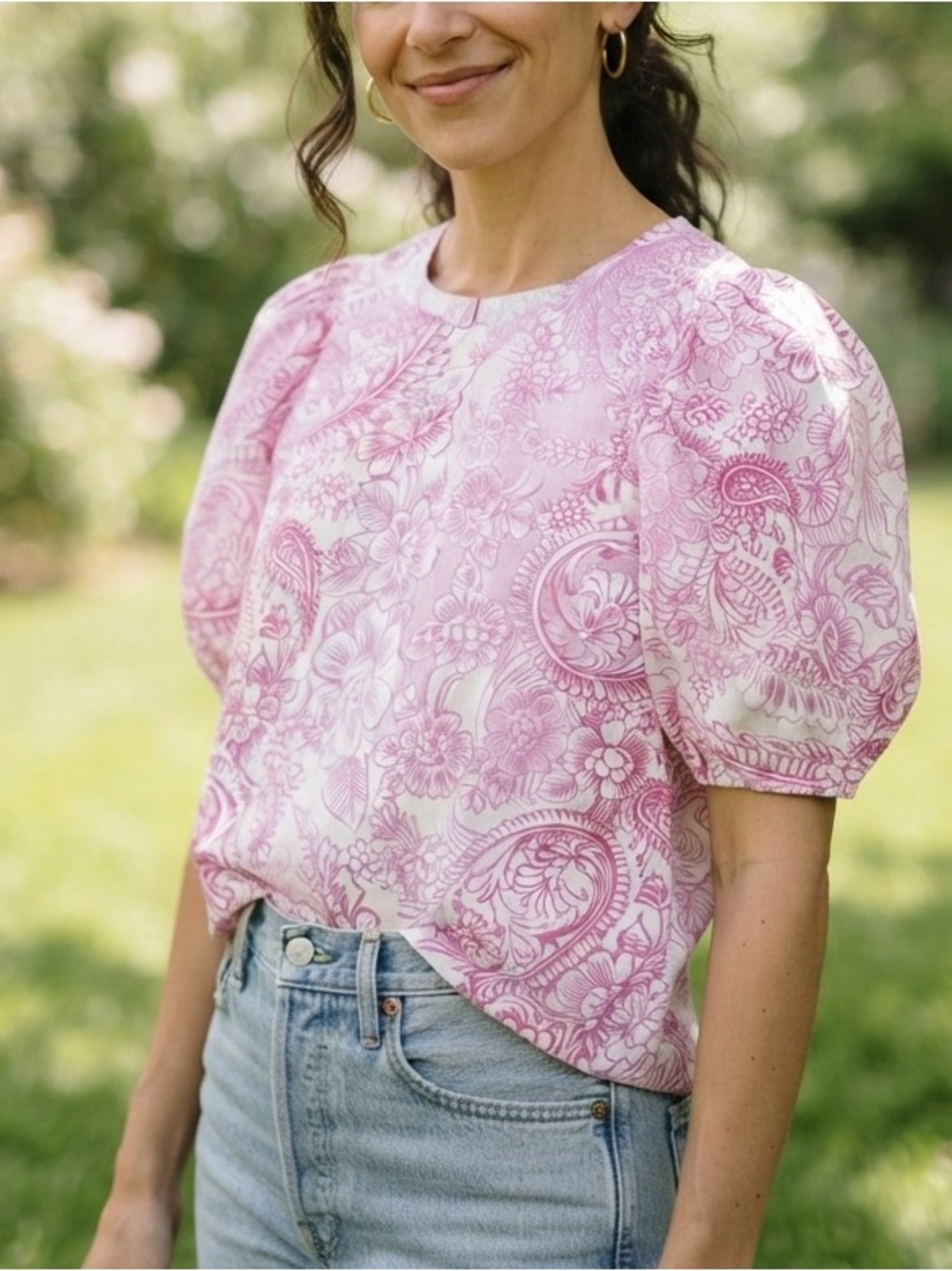 Fifteen Twenty Floral Paisley Puff Sleeve Blouse Pink White Size S